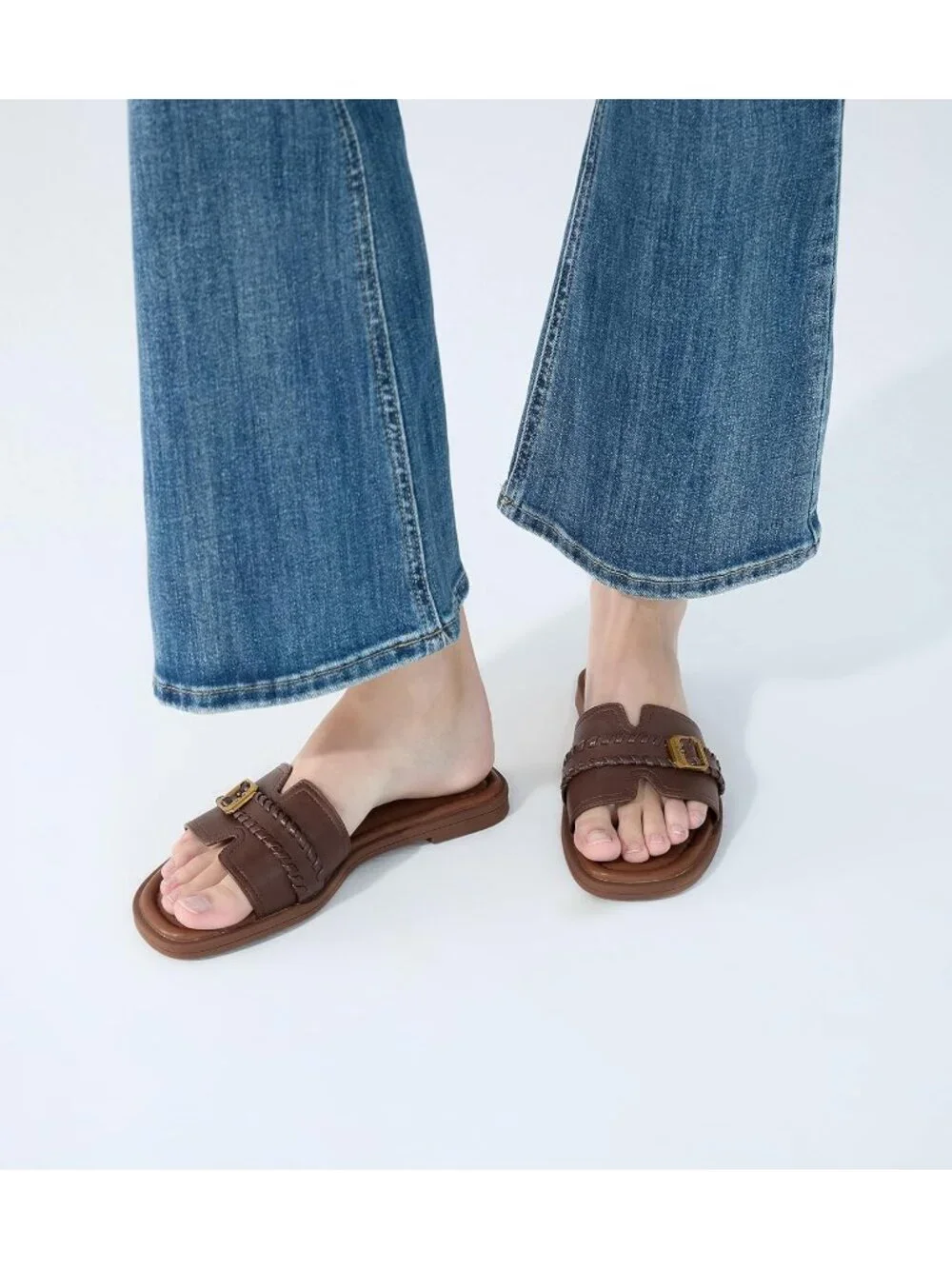 Women's Dark Brown Square Toe Flat Sandals Slides Dressy Comfortable for Casual